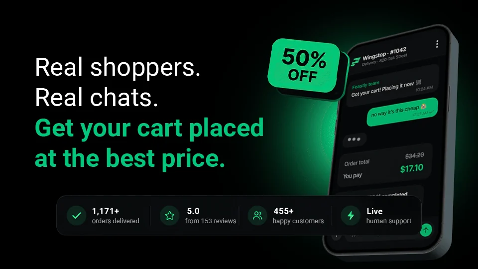 A Feastly order in progress: a Wingstop cart totalling $34.20 placed for $17.10, with the team confirming it in live chat.